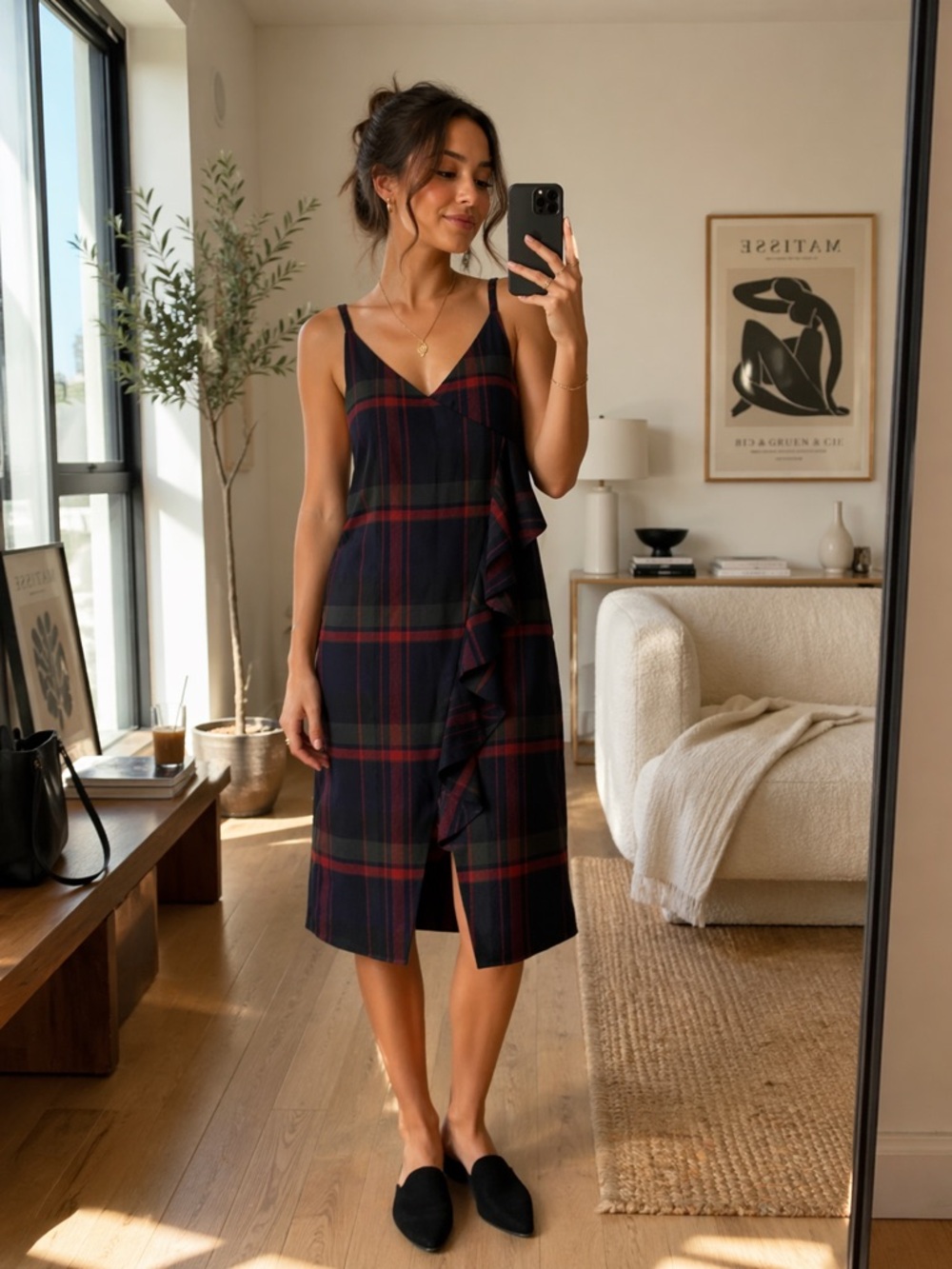 BP Slip Dress Plaid Asymmetrical Ruffle V Neck Sleeveless Womens Size Small